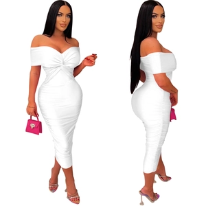 Detailed view of white off-shoulder ruched maxi dress with twist knot detail and bodycon fit