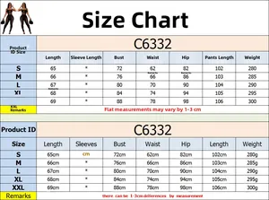 Detailed size chart for black mesh jumpsuit set including length, bust, waist, and hip info