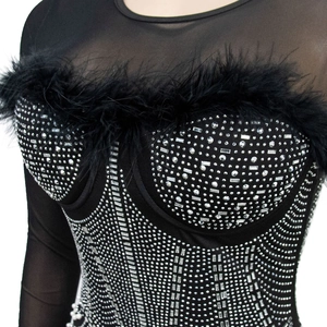 Detail of black party dress with silver rhinestones, mesh sleeves, and feather neckline
