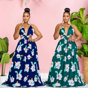 Women Floral Print Halter Maxi Dress Deep V Neck Backless Hollow Out Waist Elegant Summer Vacation Long Dress