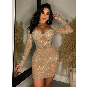 Elegant mesh mini dress with rhinestones and long sleeves for formal party wear