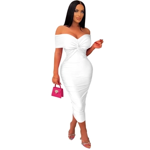 Detail of white off-shoulder ruched dress showing the twist knot and slim fit silhouette