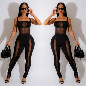 Women Sexy Mesh Splicing Top And Pants Sleeveless Hollow Out Crop Top Slim Fit High Waist Nightclub Party Outfits