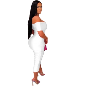 Detail view of the side profile showing white ruched off-shoulder midi dress texture