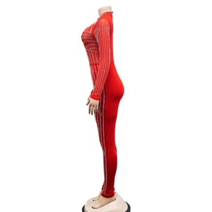 Detail of red mesh jumpsuit with long sleeves featuring sparkly silver rhinestones and high neck