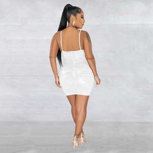 Detail showing back zipper and rhinestone embellishment on white mesh dress