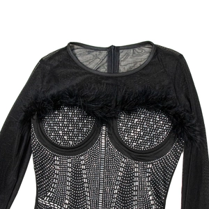 Detail of black mesh sleeves with faux fur collar and silver rhinestones on party dress