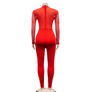 Detail view of the back showing red mesh sheer panels and rhinestones on the jumpsuit
