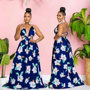 Deep blue floral maxi dress with halter neck and backless design for summer vacations