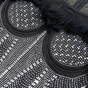 Detail of black mesh mini dress with silver rhinestones and black feather neckline trim