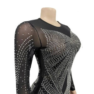 Detail of sheer black mesh bodysuit with silver rhinestones and geometric patterns