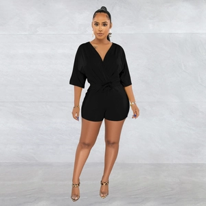 Chic black V-neck romper with half sleeves and adjustable drawstring waist for women