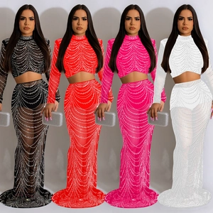 Élégant Top Court à Manches Longues en Maille Polyester Spandex Avec Strass Thermofixés et Jupe Sirène à Taille Haute pour Femme Fête Soirée Banquet