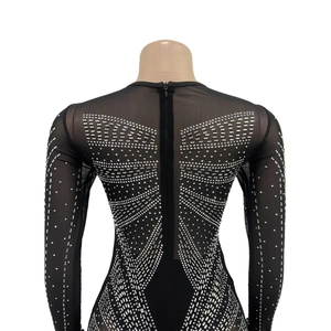 Detail of sheer black mesh dress featuring sparkling silver rhinestones and back zipper