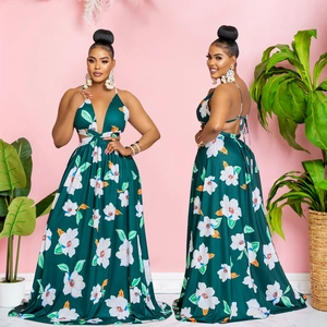 Deep V-neck floral maxi dress with open back and tie detail, front and back view