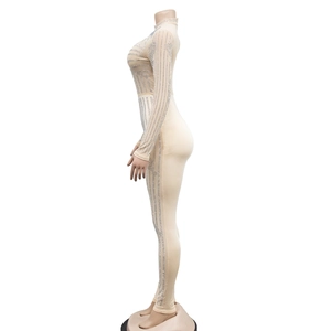 Detail view of skin-tone mesh jumpsuit with sparkling silver rhinestones on the fabric