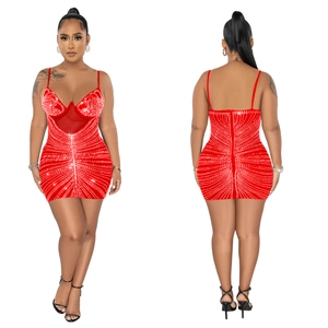 Detail of red rhinestone bodycon dress with sheer mesh cut-outs and sparkly crystals
