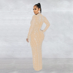 Close-up of luxury nude mesh evening dress featuring intricate swirl beadwork and tassels