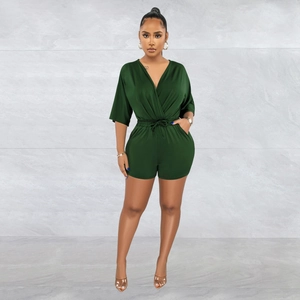 Women's deep V-neck short sleeve romper in dark green with drawstring waist