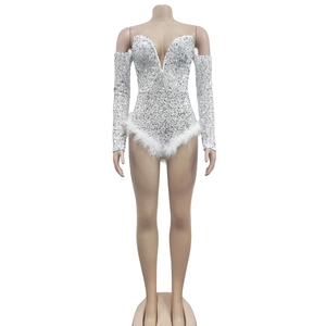 White sequin bodysuit with deep V-neck, feather trim, and matching long sleeves