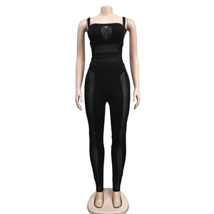 Detail view of black mesh patchwork jumpsuits for women with sleeveless slim design