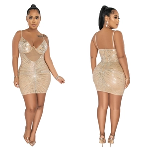 Front and back view of nude bodycon mini dress with rhinestones and mesh V-neckline detail