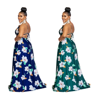Deep blue and green sleeveless maxi dresses with large floral print and V-neck design