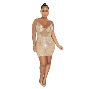 Close-up of nude bodycon dress with rhinestone patterns and mesh v-neckline detail