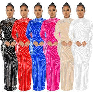 Detailed close-up showing rhinestone patterns on mesh long sleeve evening dresses in six colors