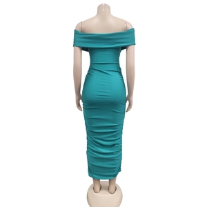 Detailed back view of ruched lake blue strapless maxi dress showing bodycon fit and pleats