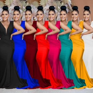 Women Elegant Deep V-Neck Sleeveless Ruched Mermaid Maxi Dress Satin Formal Evening Gown For Wedding Party Banquet