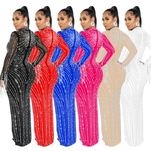 Elegant high-neck rhinestone long sleeve mesh dress in six vibrant colors for women