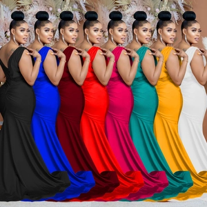 Detailed palette of sleeveless V-neck mermaid gowns in eight elegant solid colors