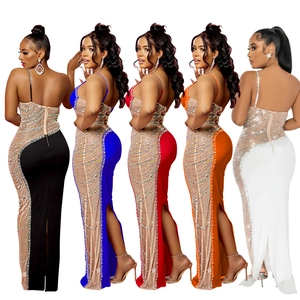 Robe de soirée longue élégante en maille transparente avec strass en cinq couleurs