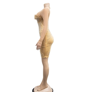 Detail of nude mesh mini dress with brown faux fur trim and shimmering pearl rhinestones