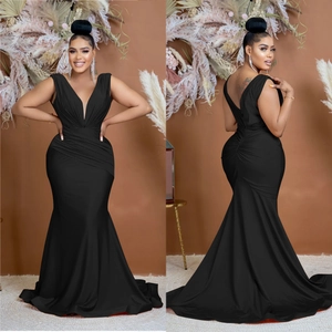 Elegant black sleeveless deep V-neck mermaid maxi dress with pleated bodice for evening wear