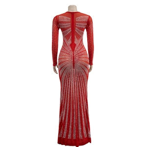 Detail of red mesh sheer maxi dress featuring radiant silver rhinestones and back zipper