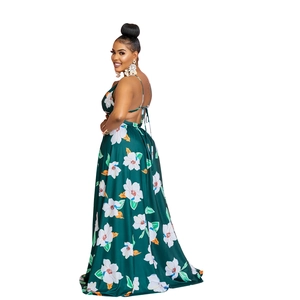 Detailed back view of a summer maxi dress with floral print and halter neck design