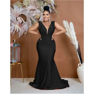 Detail of elegant black deep V-neck sleeveless mermaid maxi dress with waist pleats