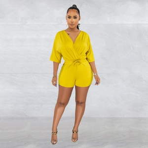 Women's bright yellow V-neck romper with drawstring waist and half sleeves for summer