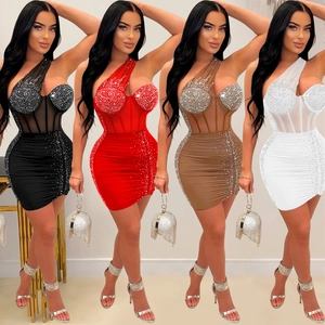 Elegant One Shoulder Rhinestone Mesh Patchwork Mini Dress Ruched Bodycon Party Evening Sleeveless Short Pencil Dress For Women