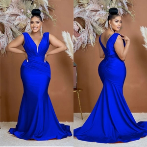 Elegant royal blue sleeveless V-neck maxi dress with mermaid hem and pleated details