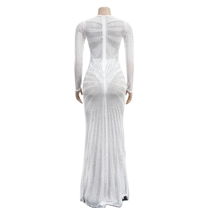 Detail view of the back invisible zipper and silver rhinestones on white mesh dress