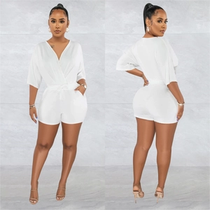 Front and back view of a white V-neck romper with drawstring waist and half sleeves