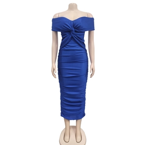 Detail of royal blue ruched bodycon midi dress with twist front and off-shoulder design