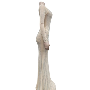 Detail showing sheer mesh evening dress with silver rhinestone vertical stripe patterns