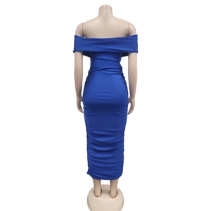 Rear view detail of royal blue bodycon maxi dress featuring ruching and off-shoulder cut