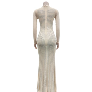 Detailed back view of sheer mesh maxi dress with silver rhinestones and zipper