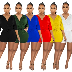 Detailed overview of women's V-neck rompers available in six vibrant assorted colors