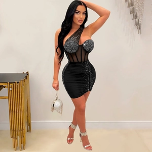 Detail of black rhinestone mesh one-shoulder mini dress with side ruching and sheer panel